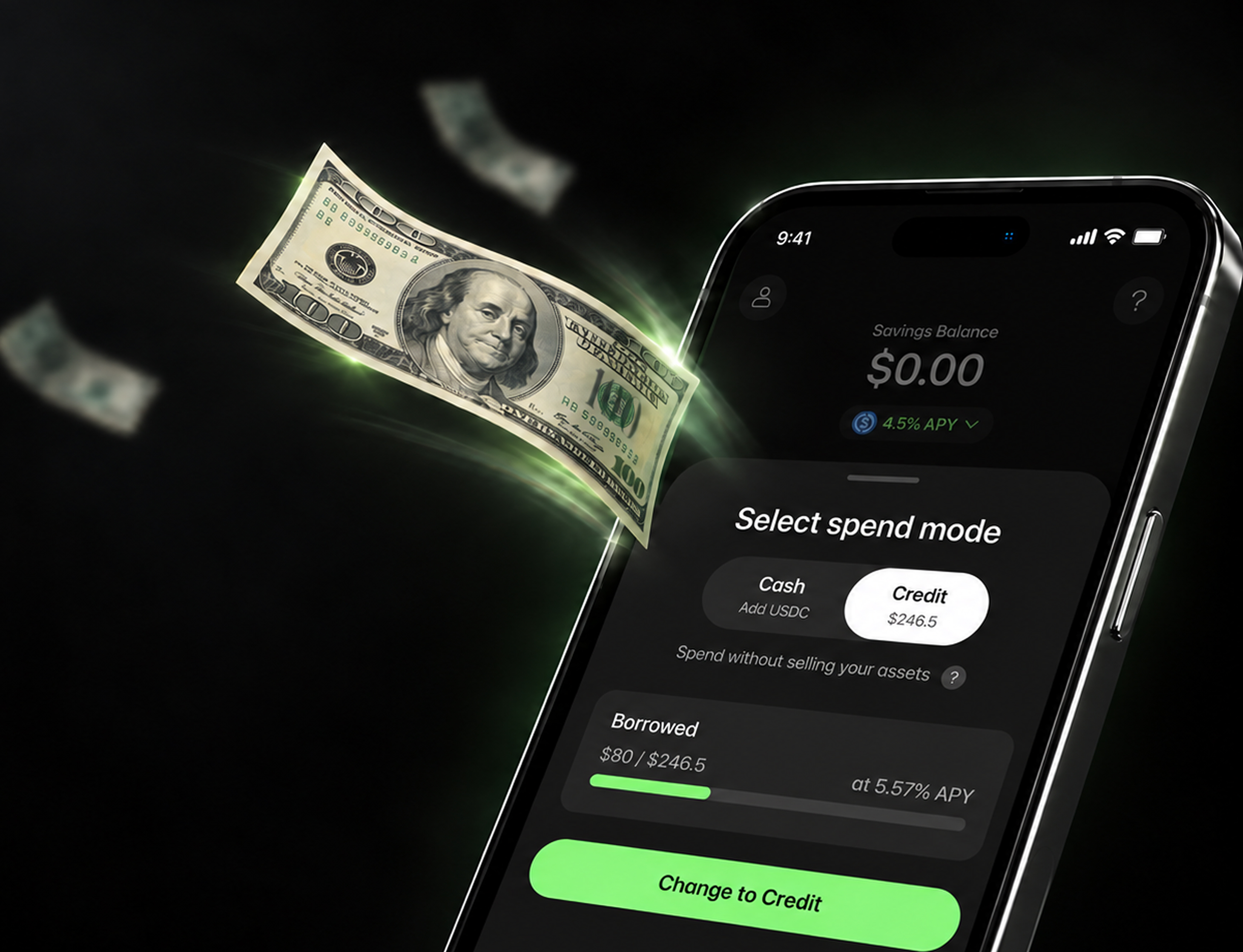 Select spend mode: Cash or Credit. Spend without selling your assets.
