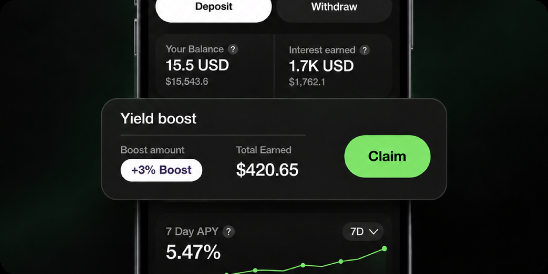 The Yield Boost banner at the top of a Solid vault, showing the boost amount, total earned and the Claim button