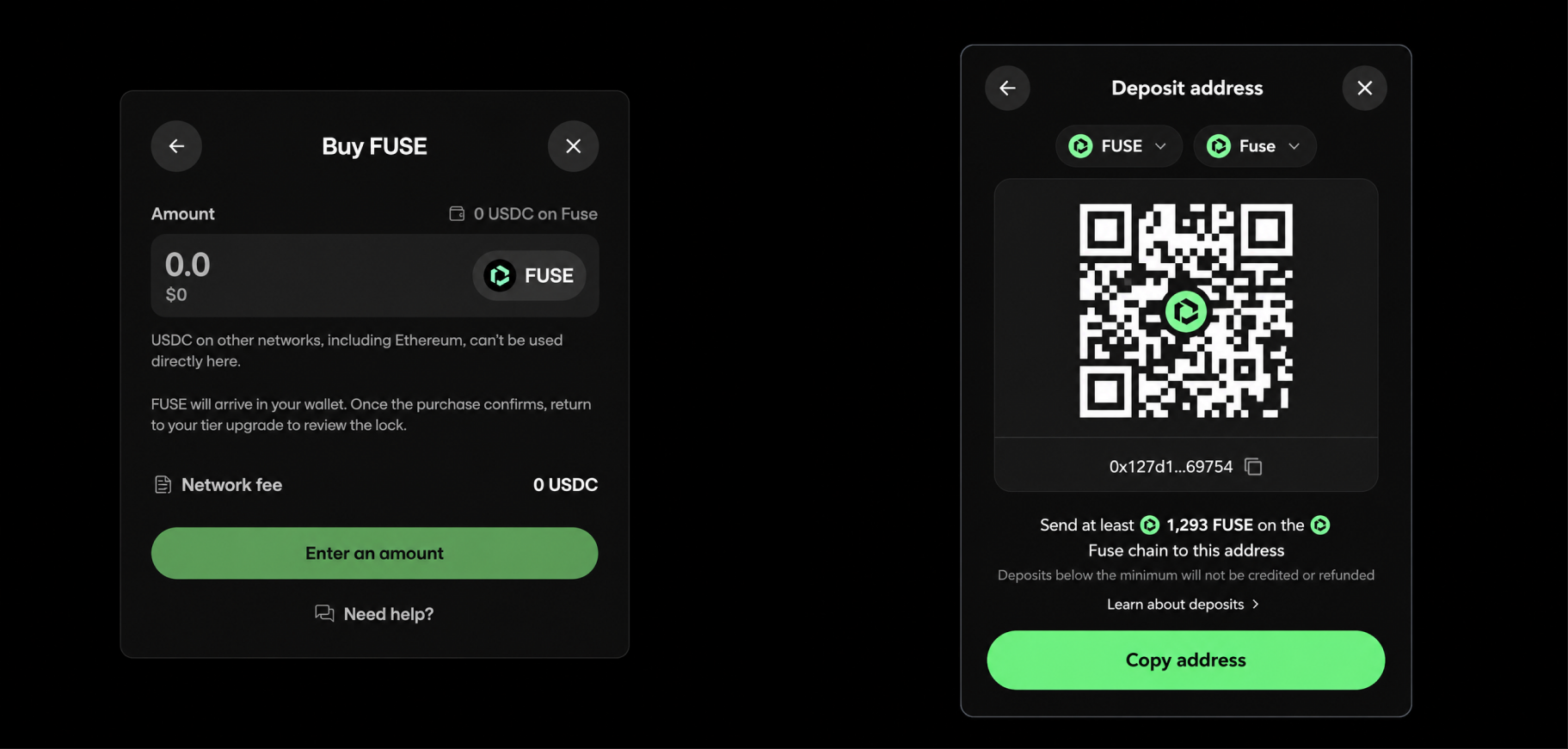 Buying FUSE in the Solid app and the wallet deposit address screen