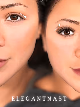 Close-up comparison of two women's eyes and eyebrows with arrows highlighting eyebrow areas.