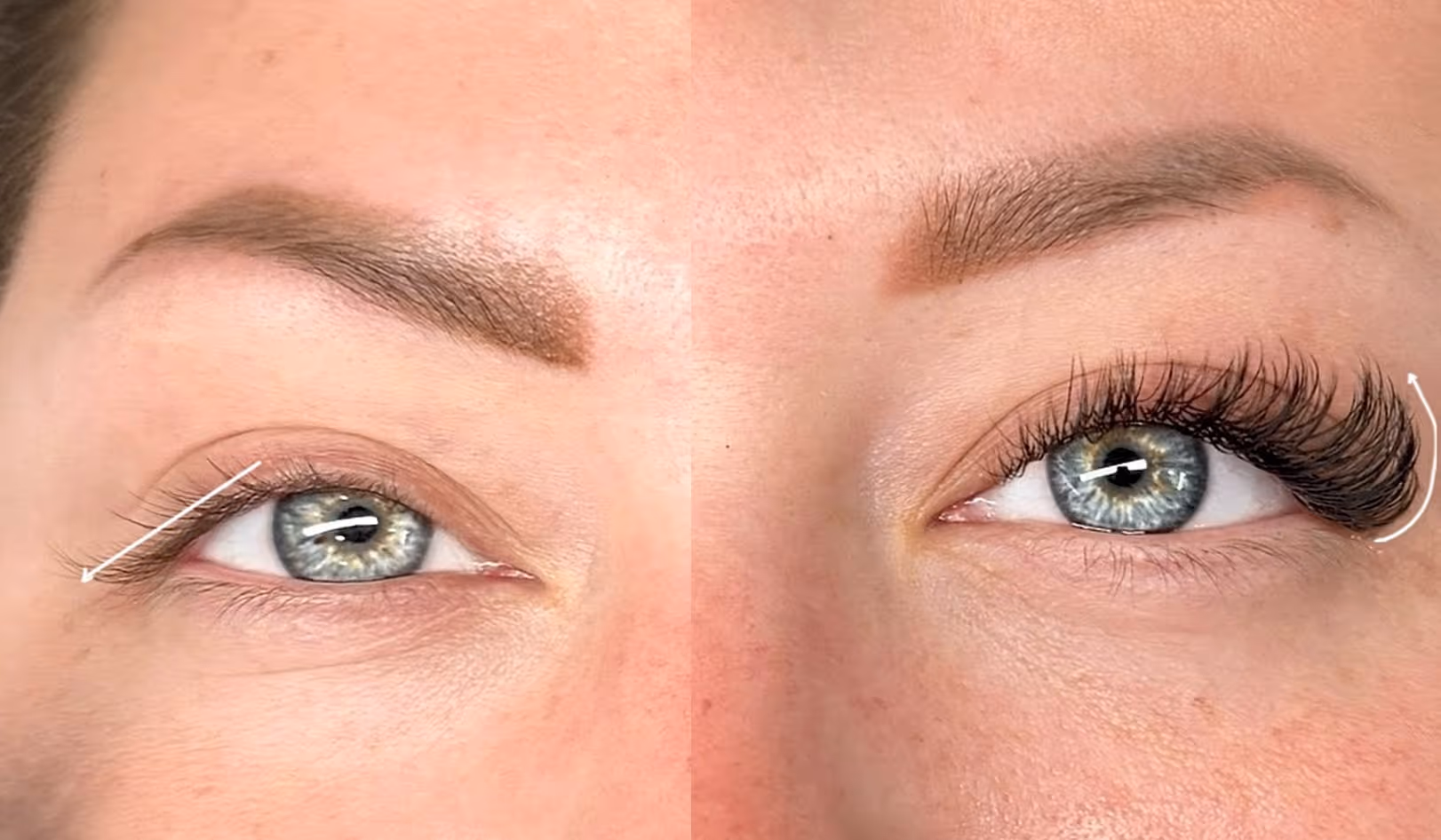 Close-up comparison of two blue eyes showing natural eyelashes on the left and thick, curled eyelash extensions on the right.