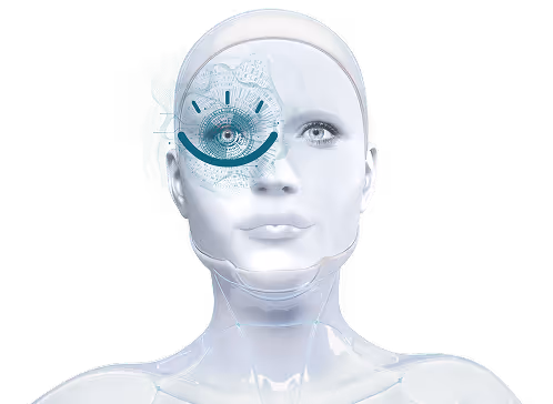 Futuristisches Porträt eines menschlichen Roboters mit digitaler Augenerkennungsgrafik über dem linken Auge.