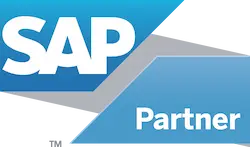 SAP Partner Logo mit blauem Hintergrund und weißer Schrift.