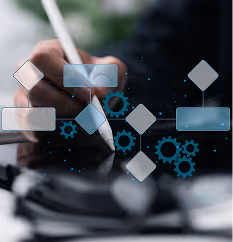 Hand holding a stylus over a surface with transparent digital interface icons and gears.