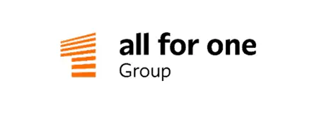 Logo der all for one Group mit orangefarbenem gestreiftem Symbol und Text.