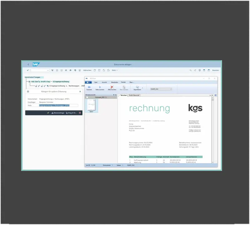 Bildschirmansicht eines Dokumentscanners mit einem geöffneten elektronischen Rechnungsformular von kgs.