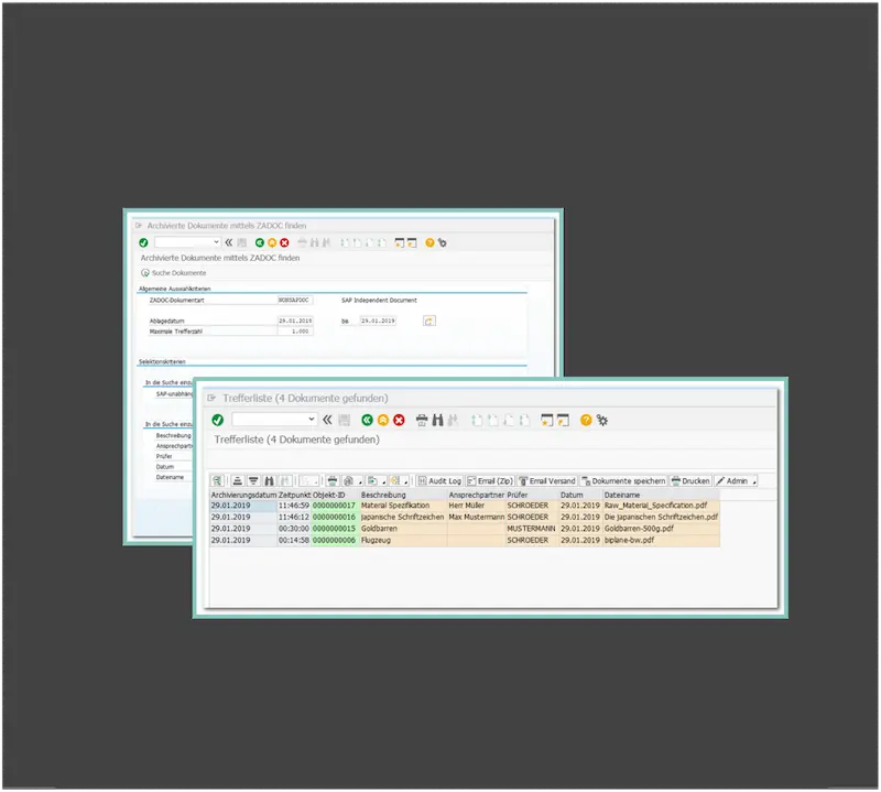 ZADOC-Softwareoberfläche mit Suchkriterien und Ergebnisliste von vier gefundenen Dokumenten mit Beschreibungen und zugehörigen PDF-Dateien.