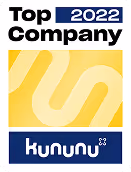 Kununu-Auszeichnung für Top-Unternehmen 2022 mit gelbem Hintergrund und weißem sowie dunkelblauem Text.