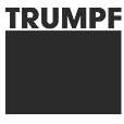 Schwarzes TRUMPF-Logo mit einem rechteckigen Block darunter auf weißem Hintergrund.