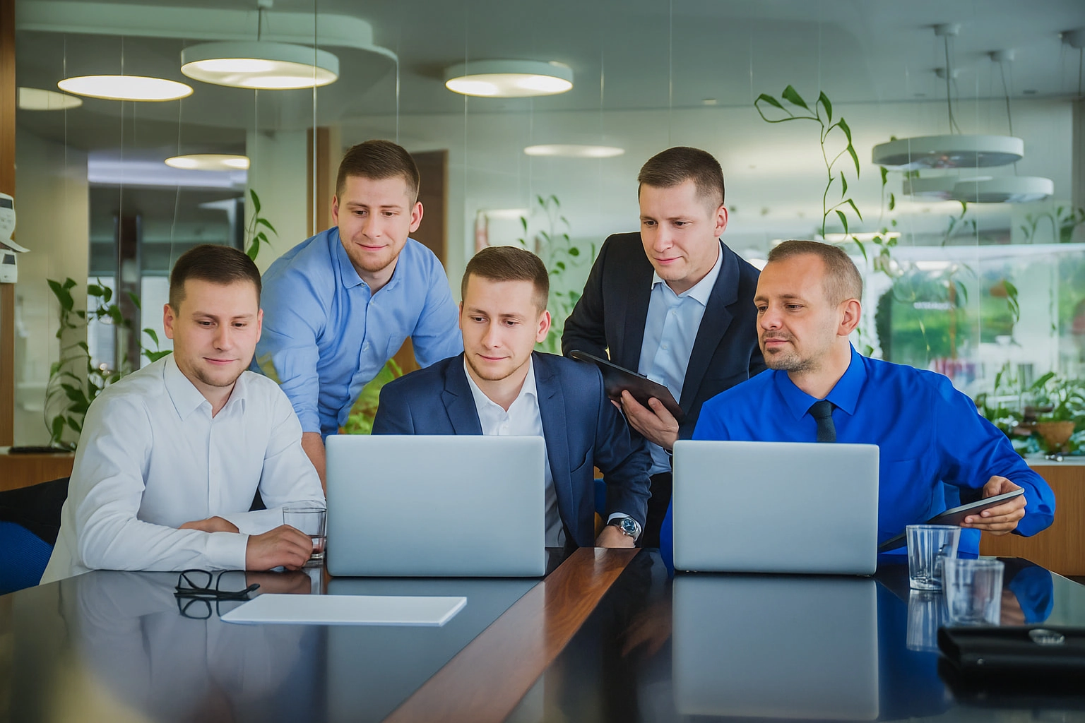 Five men in business attire collaborating around laptops in a modern office meeting room.