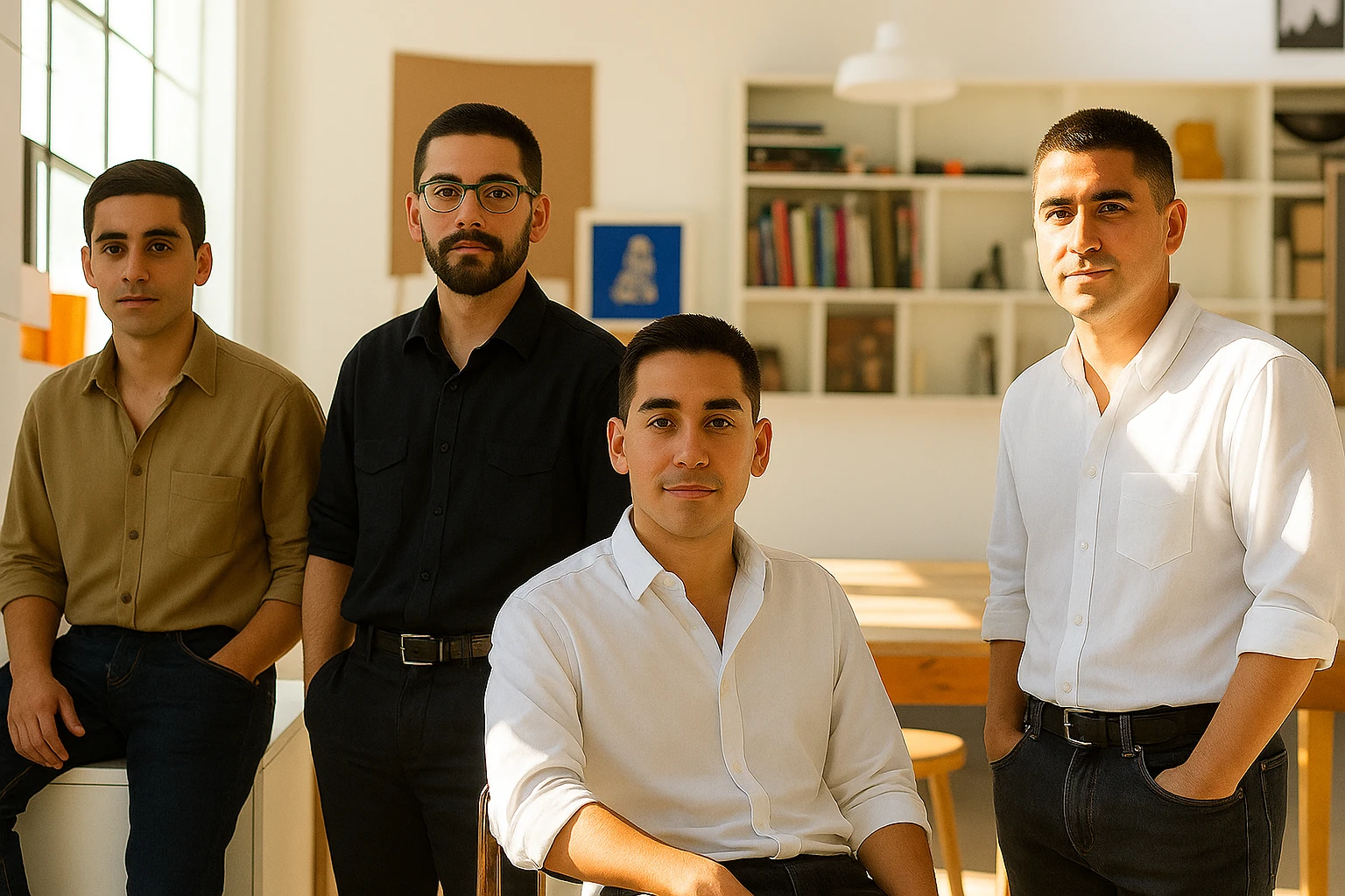 Four young men posing confidently in a bright modern office space with bookshelves and large windows.