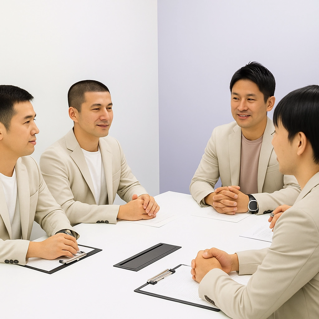 Four men in beige blazers sitting around a white table having a meeting with clipboards and documents.