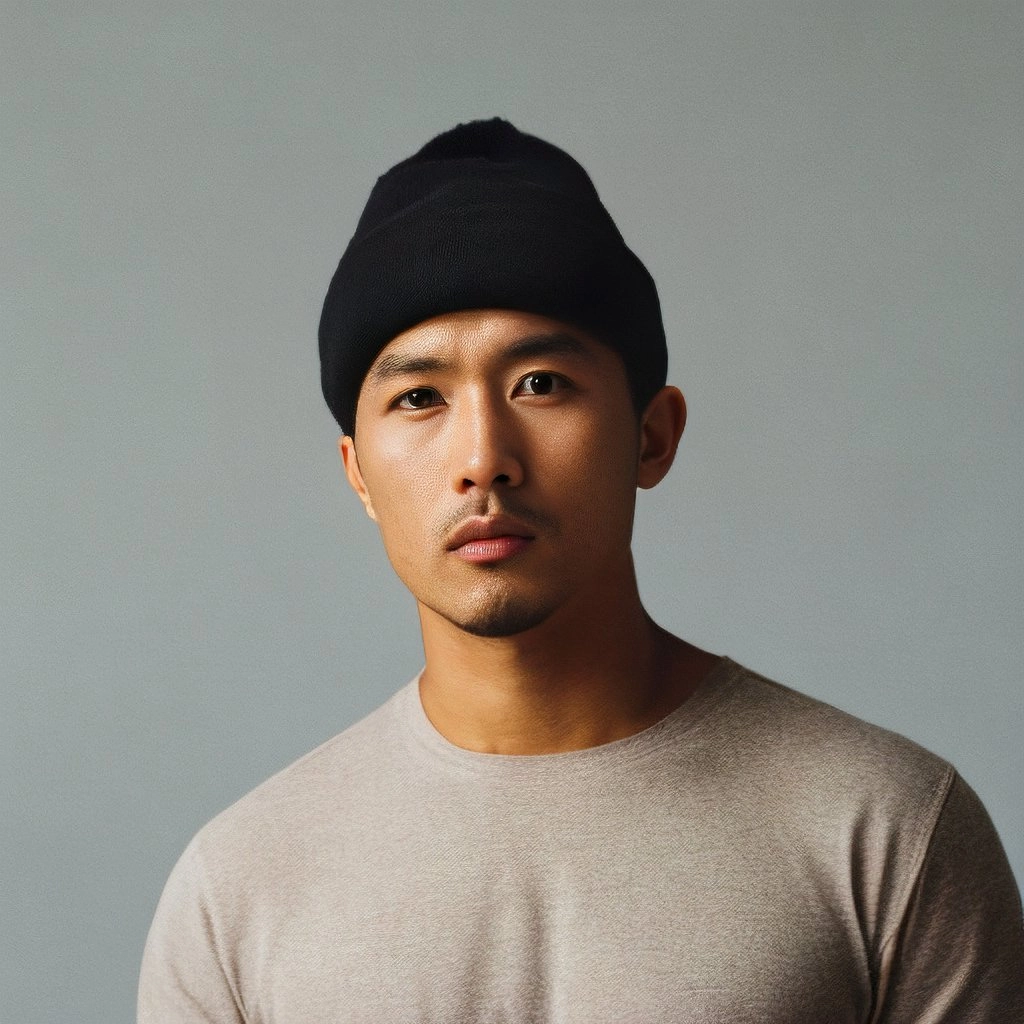Portrait of a man wearing a black beanie and a beige sweater against a plain gray background.