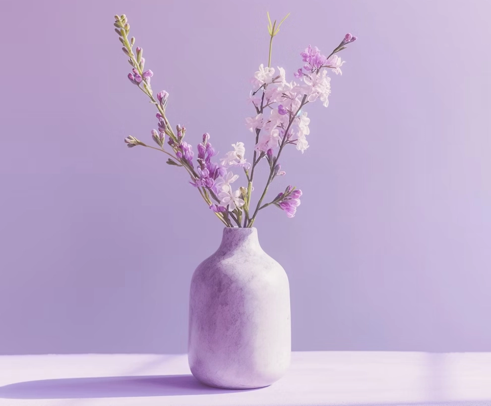 Simple white vase with delicate pink and purple flowers against a soft lavender background.