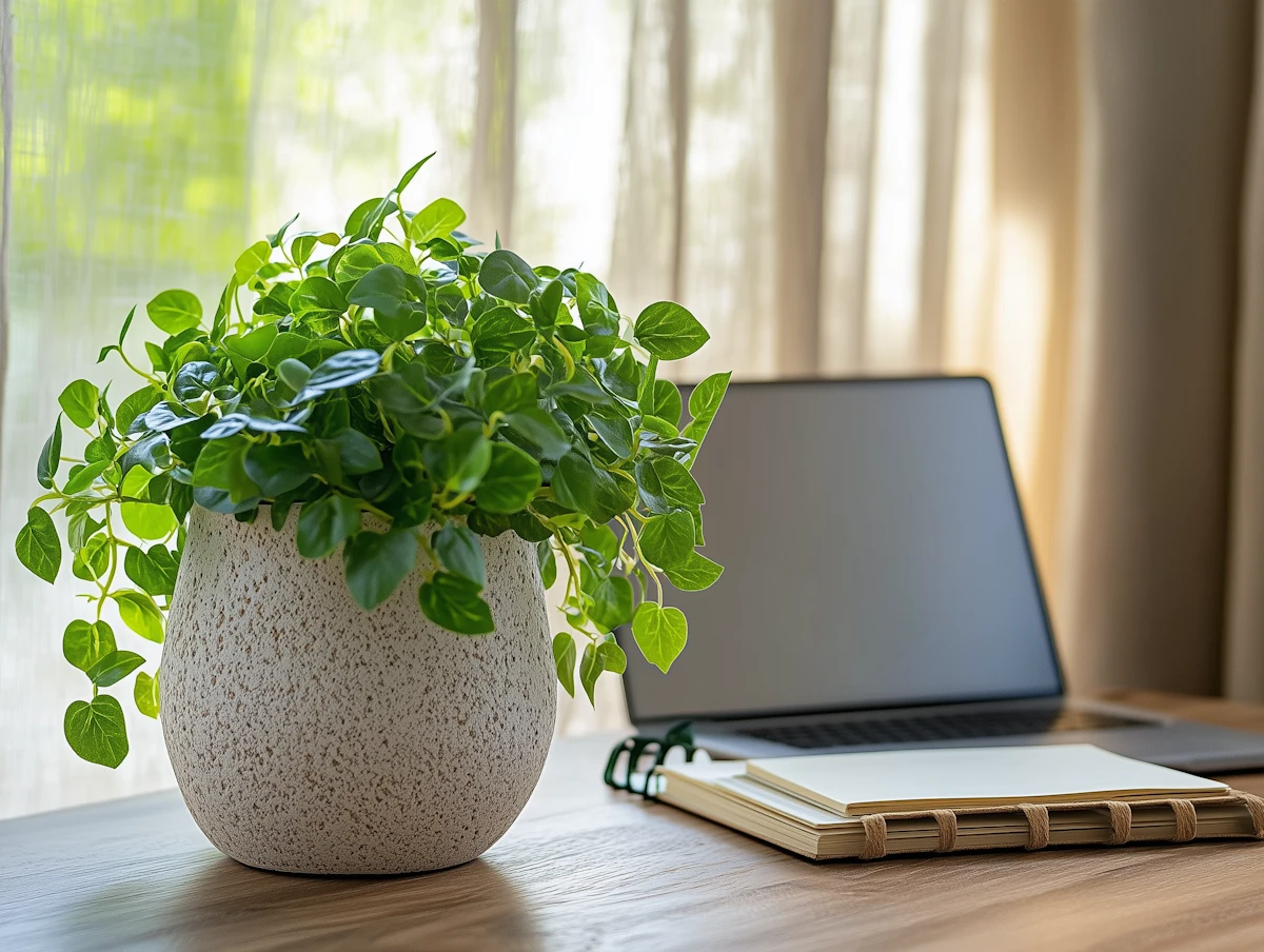 Green leafy plant in a textured white pot on a wooden desk next to a closed laptop and a notebook, with sheer curtains in the background.