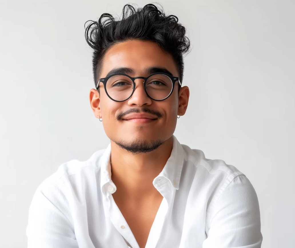 Smiling young man with curly black hair, round glasses, and a white shirt against a plain background.