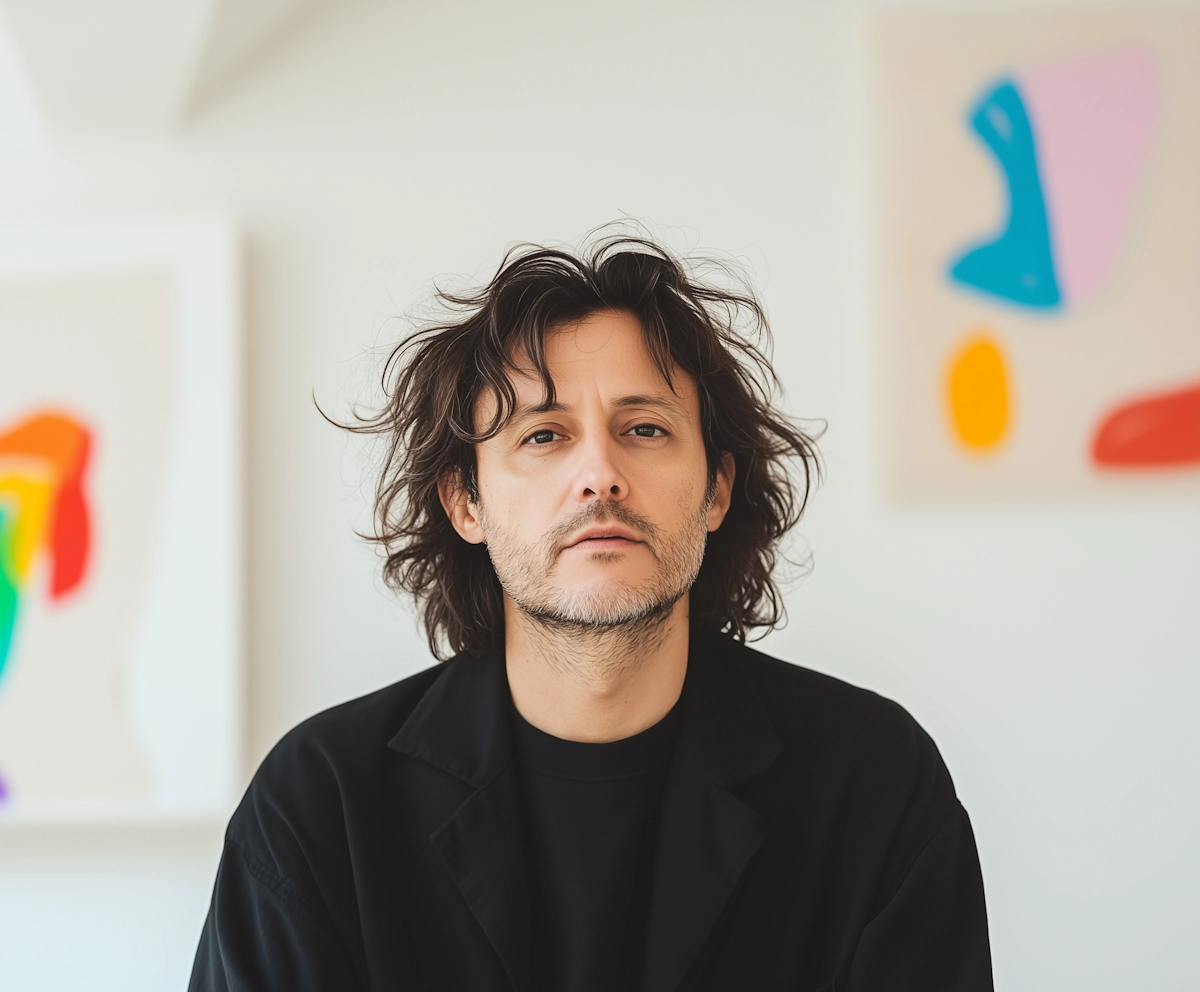 Man with medium-length wavy hair and light facial hair wearing a black jacket, against a white wall with abstract colorful art in the background.