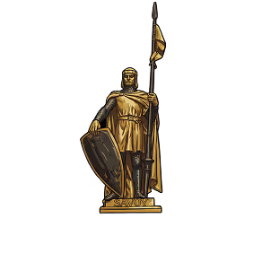 Golden statue of a medieval knight holding a shield and flag, standing on a base labeled 'SAVOY'.