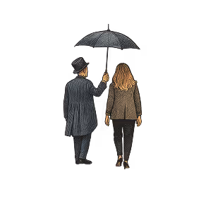 Man holding an umbrella over a woman as they walk side by side.