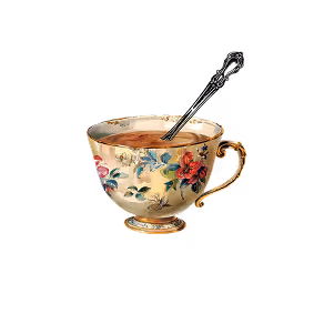 Decorative floral teacup filled with tea and a spoon inside.