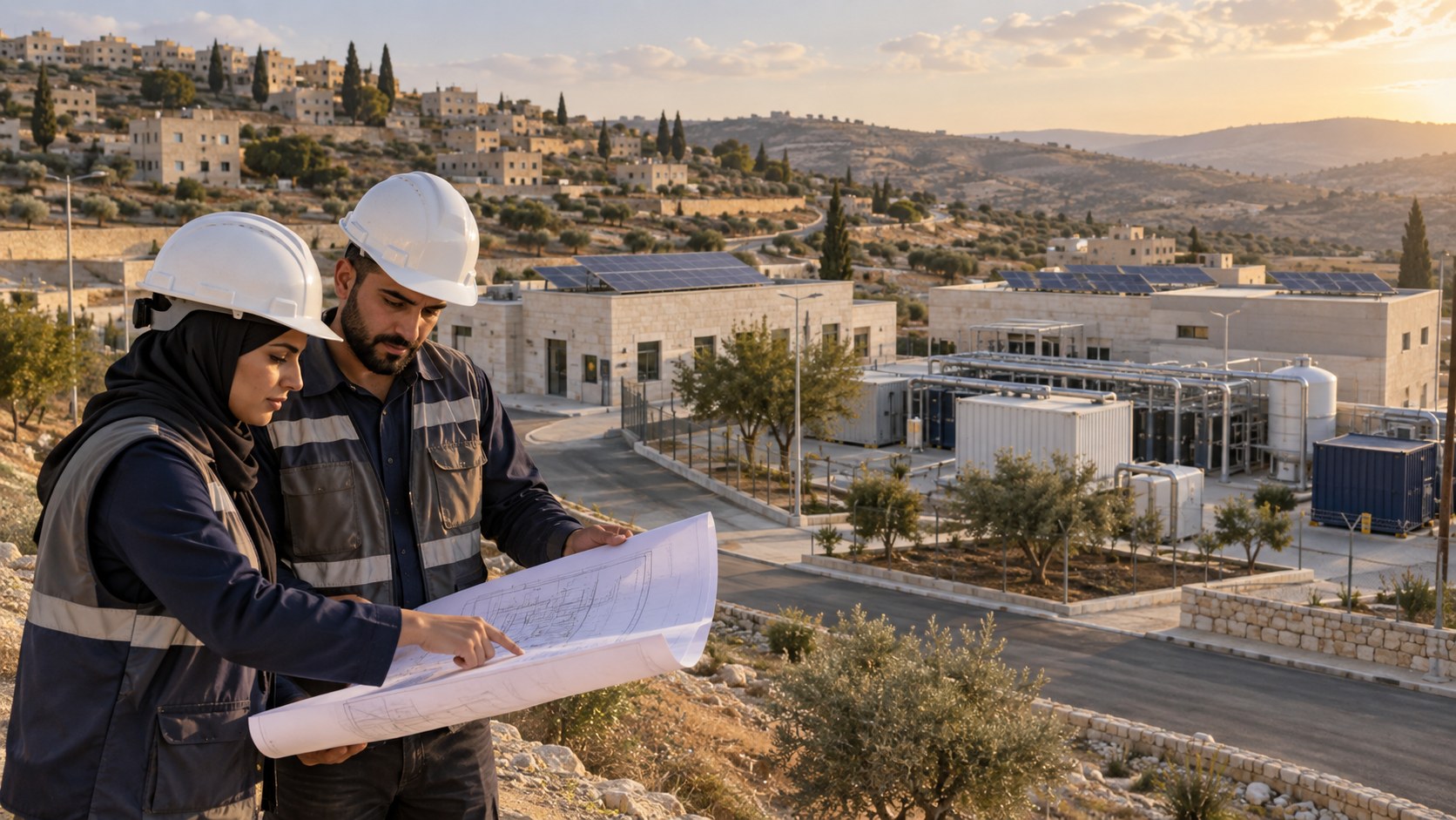 Illustrative infrastructure site with field engineers and rooftop solar arrays