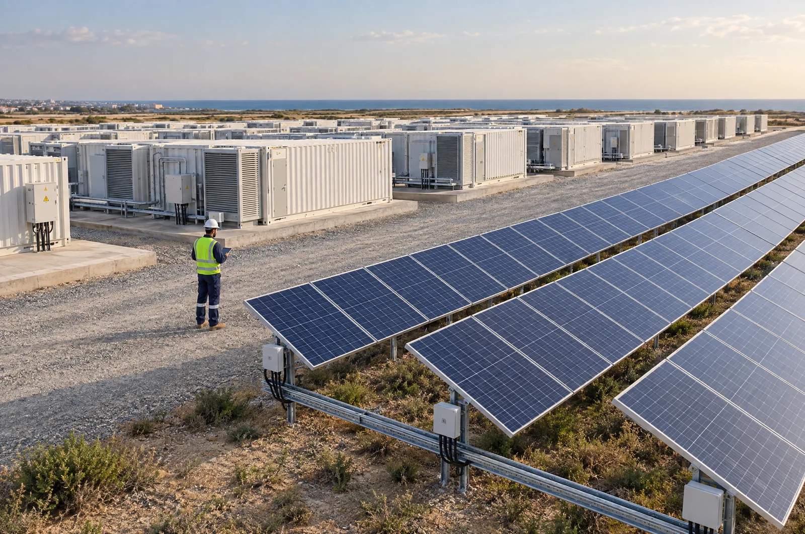 solar farm with containerized battery storage and a field engineer in Gaza