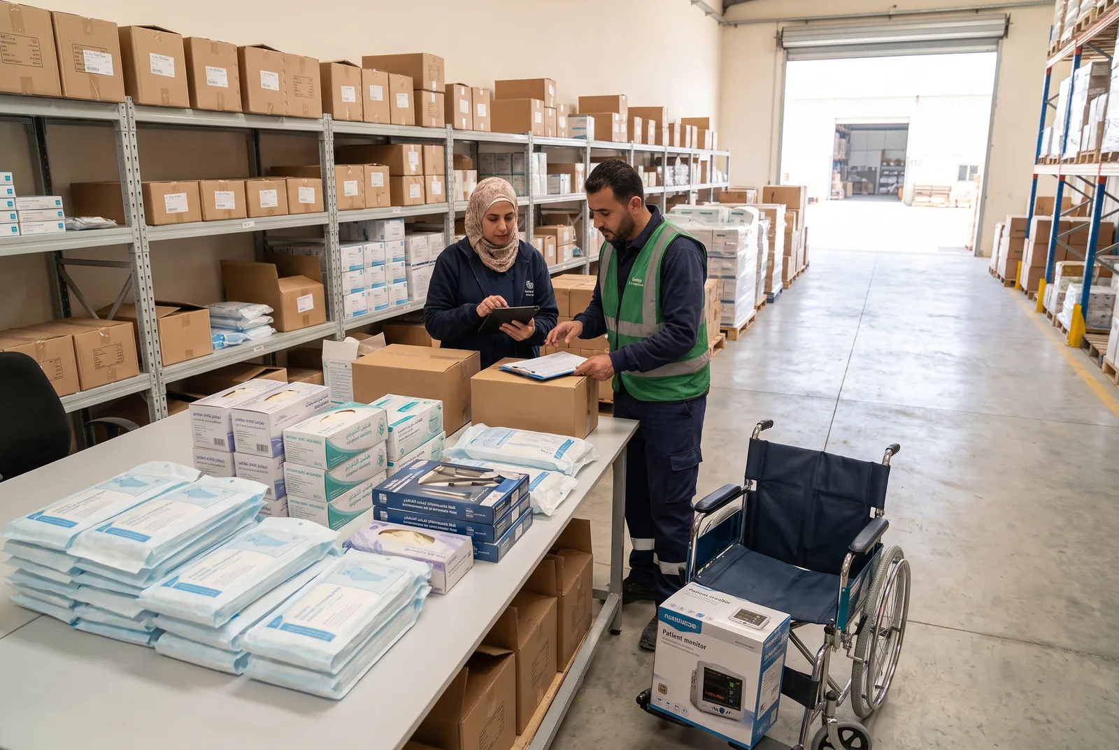 Staff checking packaged medical supplies and healthcare equipment in a warehouse, with a wheelchair ready for dispatch in Gaza