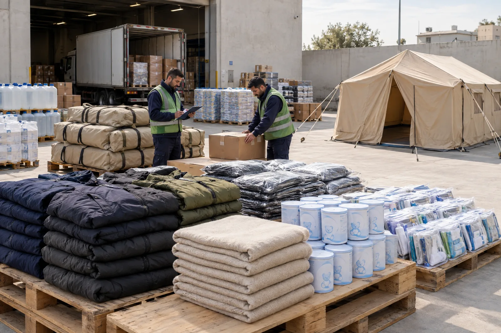 Relief supplies prepared for dispatch, including tents, infant formula, winter clothing, blankets and hygiene kits for Gaza