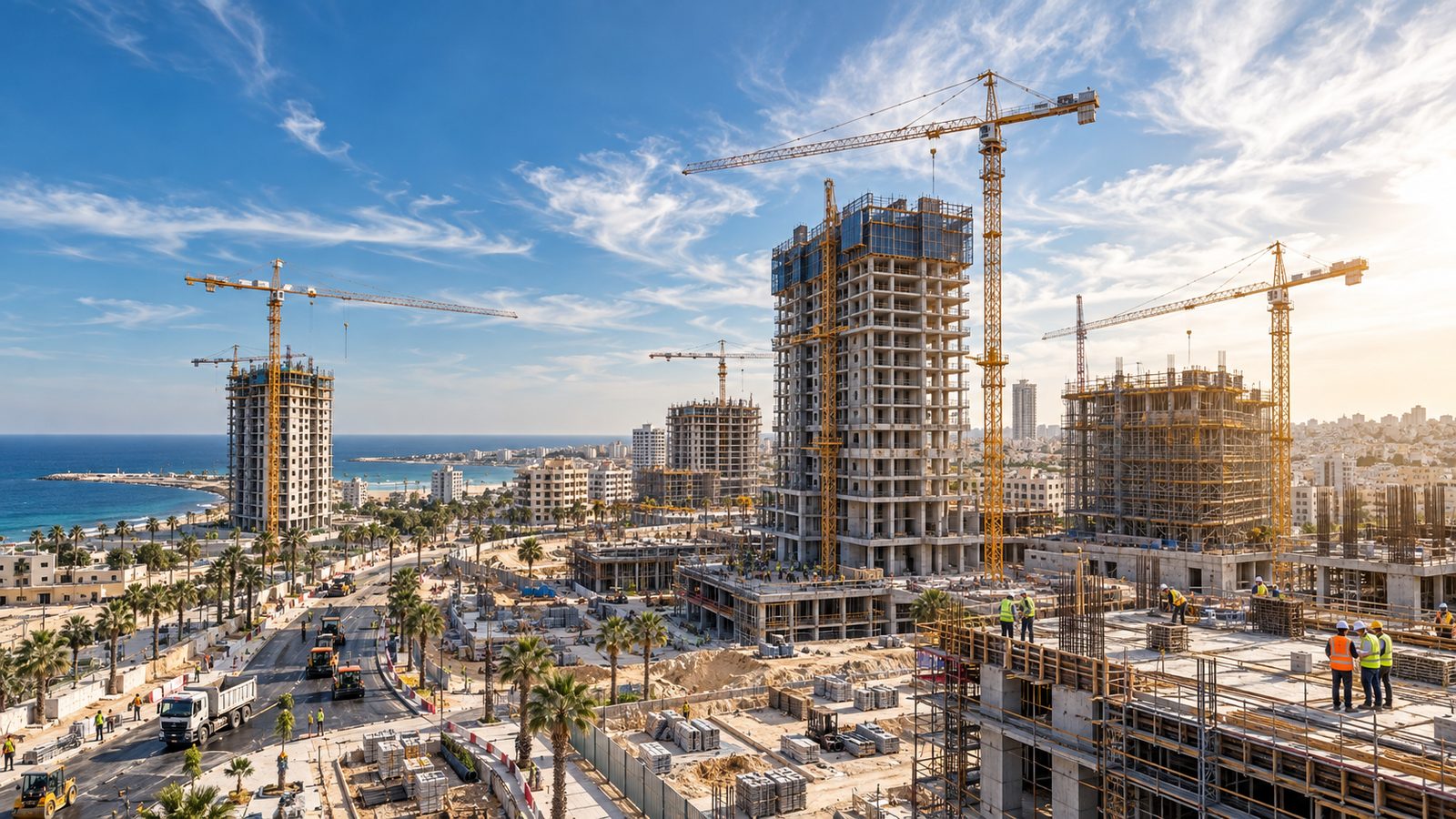 Gaza contracting and infrastructure development project with cranes, construction works and coastal urban development