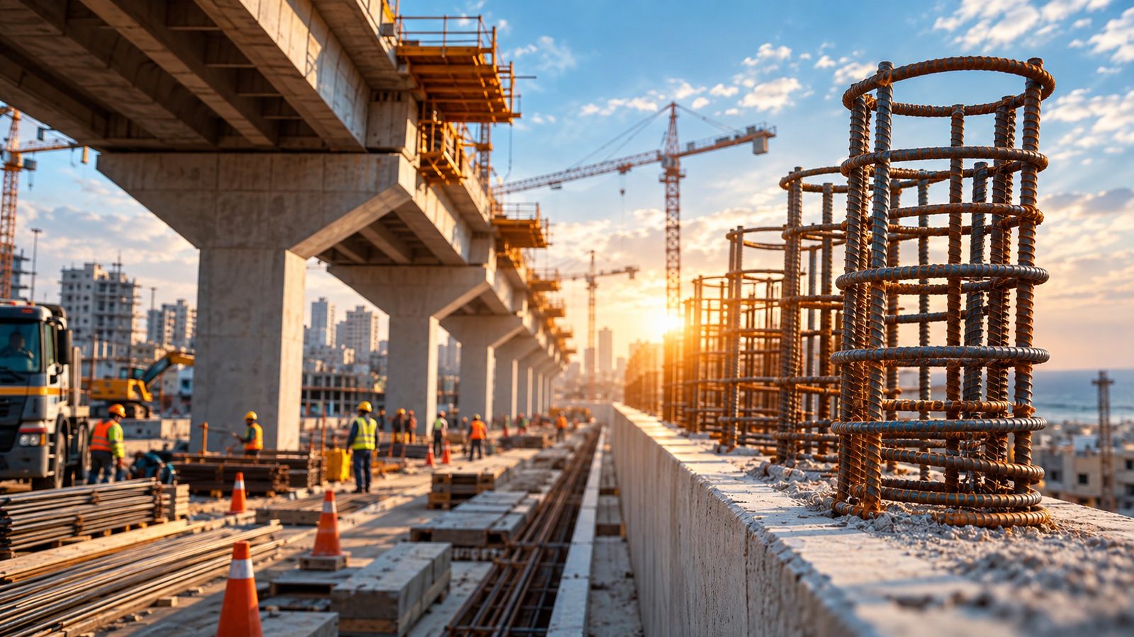 Infrastructure construction project in Gaza with bridge works, reinforced concrete and site engineering