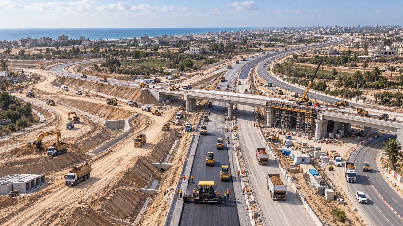 Road and civil works project in Gaza with highway construction, bridge infrastructure and heavy equipment