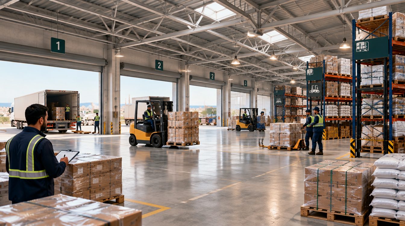 Logistics and warehousing operation in Gaza with forklifts, palletized goods and organized distribution activity