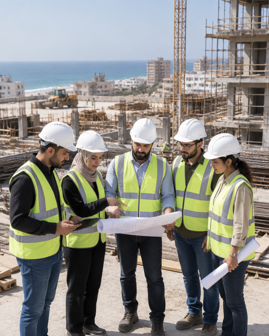 Qualified Virelia engineering and project team on the ground in Gaza reviewing construction plans