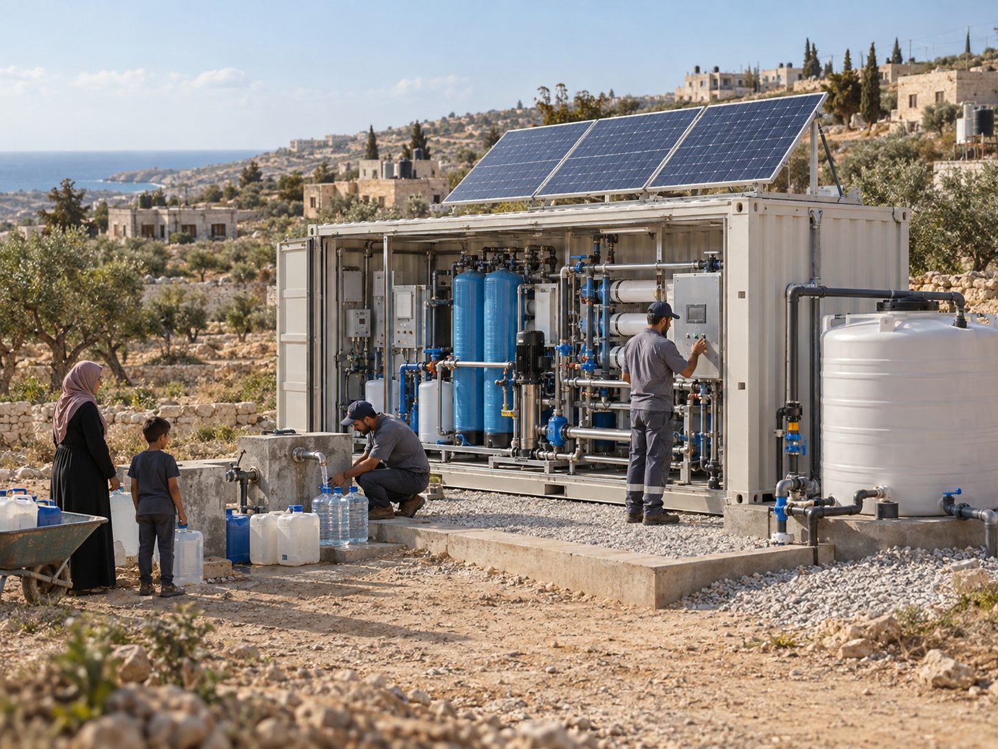 Solar-powered mobile water-treatment plant with a storage tank and communal taps serving a remote community in Gaza.