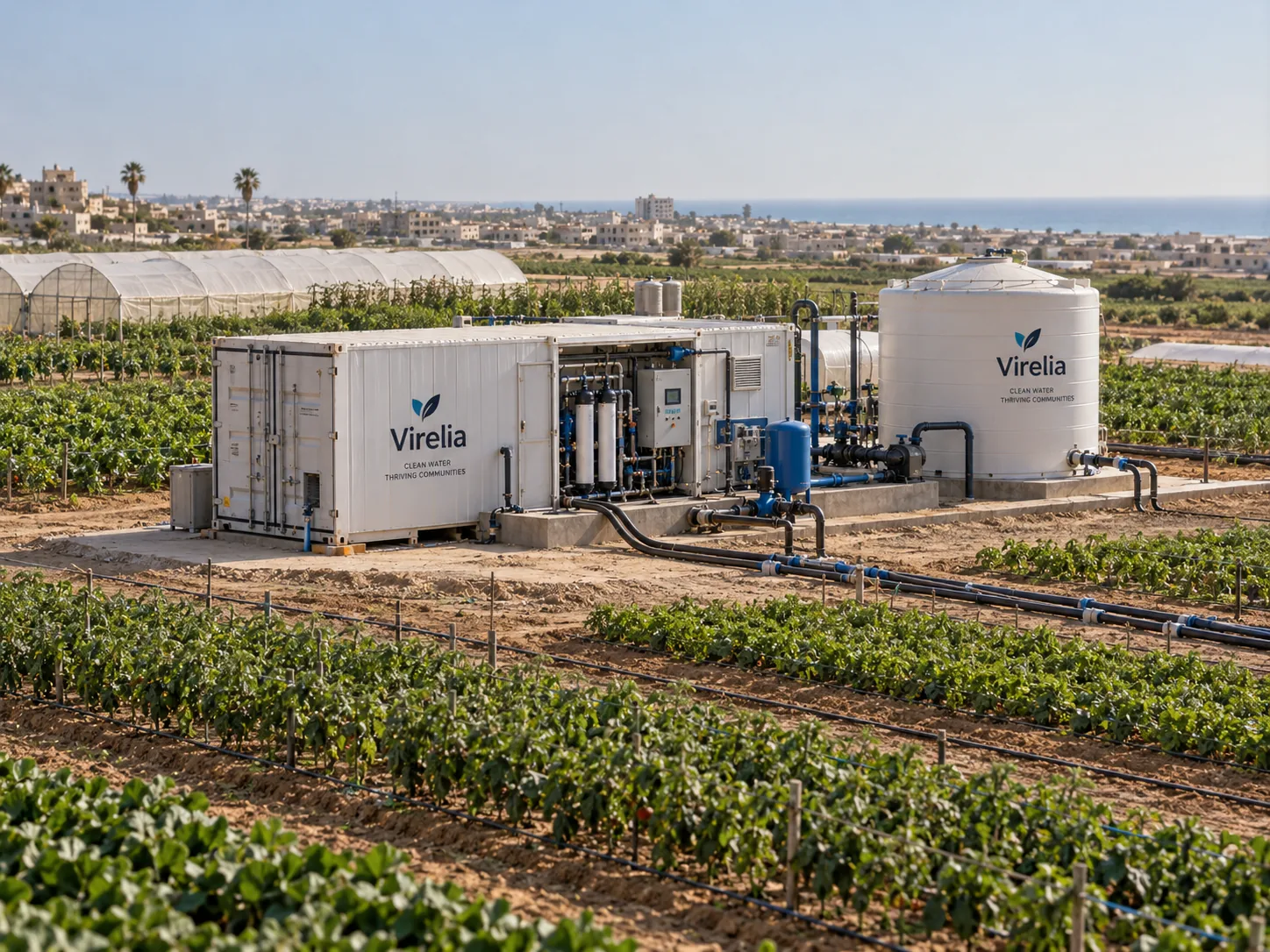 Containerized mobile water-treatment plant with filtration equipment and a storage tank surrounded by cultivated farmland.