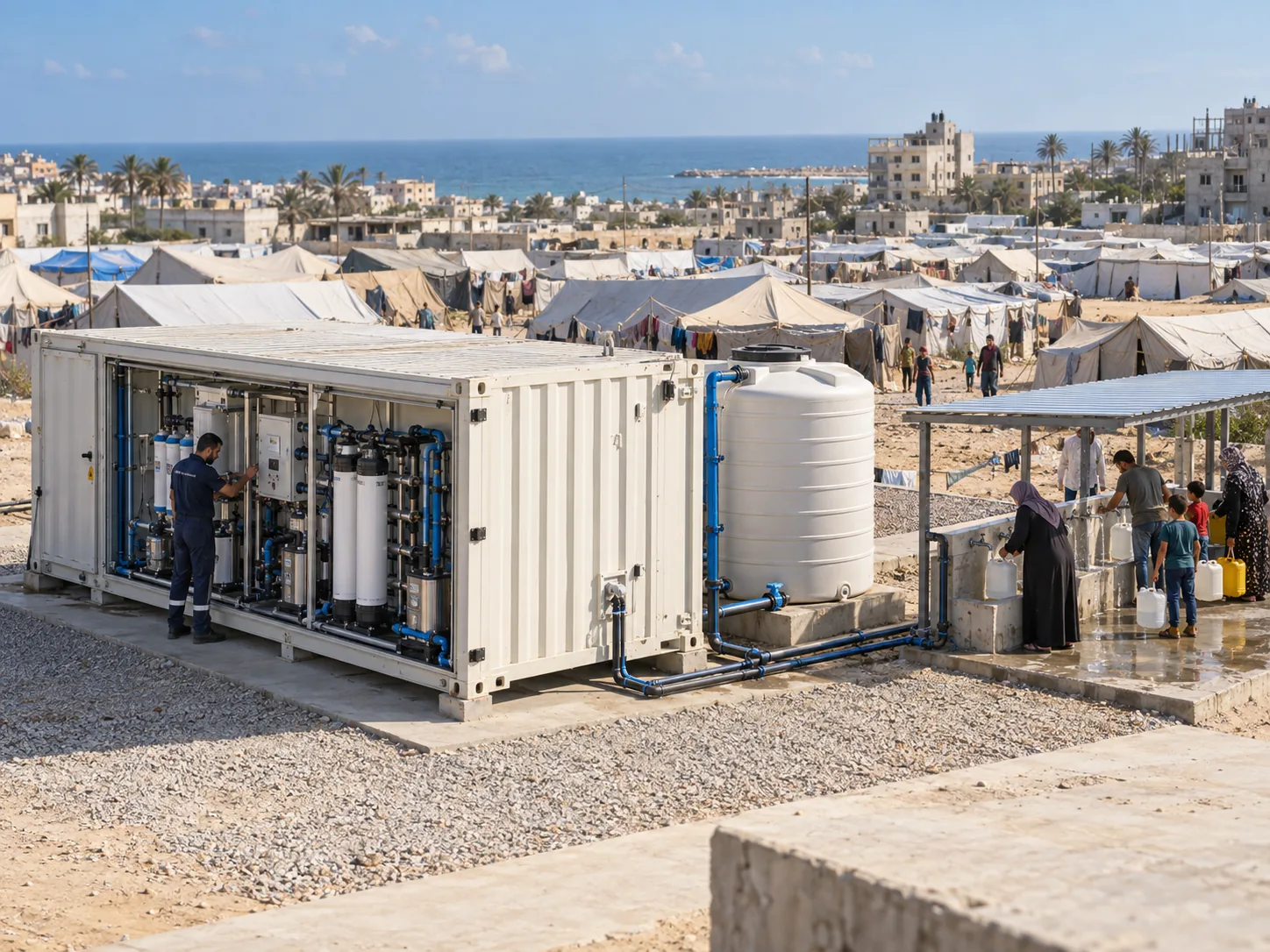 Illustration of a containerized water-treatment plant beside a refugee tent camp in Gaza, with a storage tank and communal water collection point.