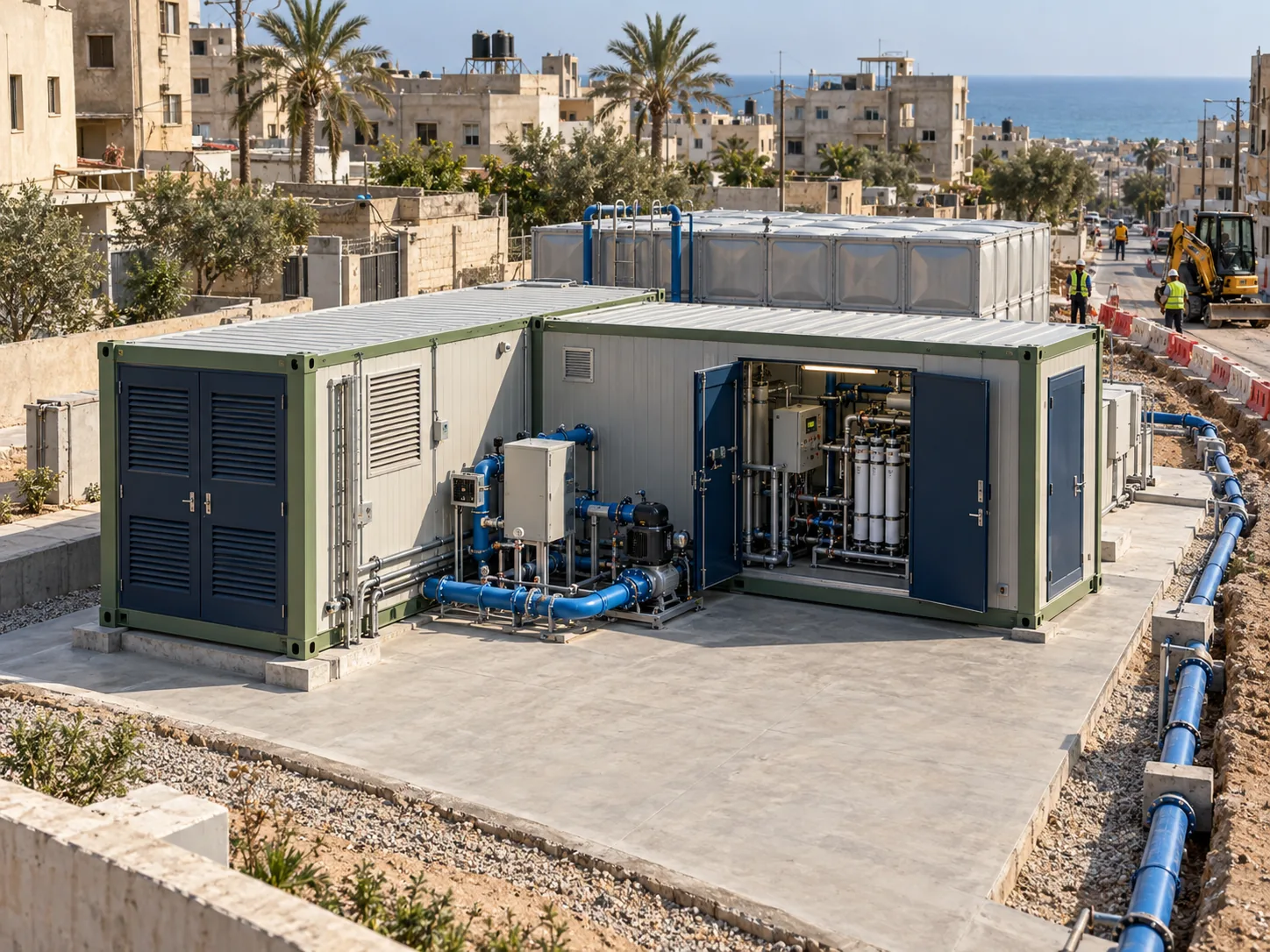 Illustration of modular water-treatment containers with a storage tank and temporary pipelines supporting urban infrastructure recovery in Gaza.