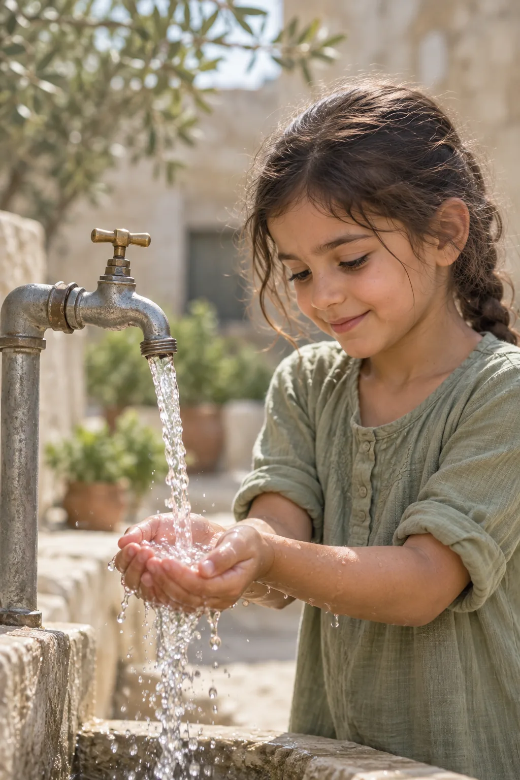 Illustration of a young girl cupping clean running water.