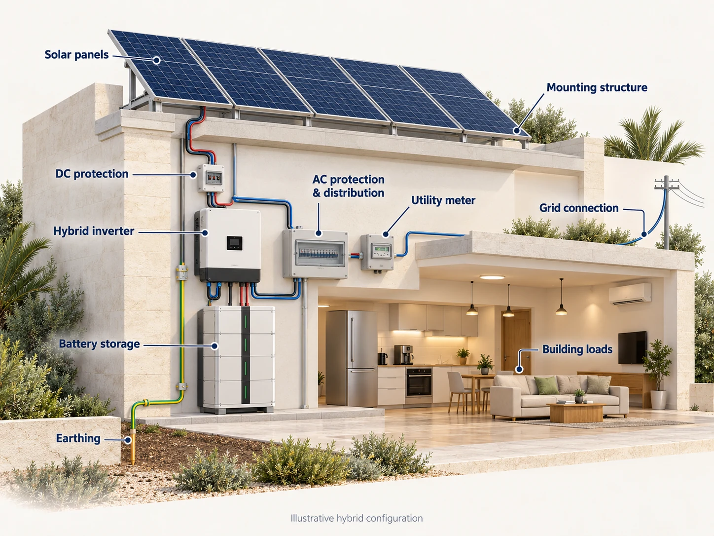 Hybrid solar power system diagram showing solar panels, inverter, battery storage, and power distribution