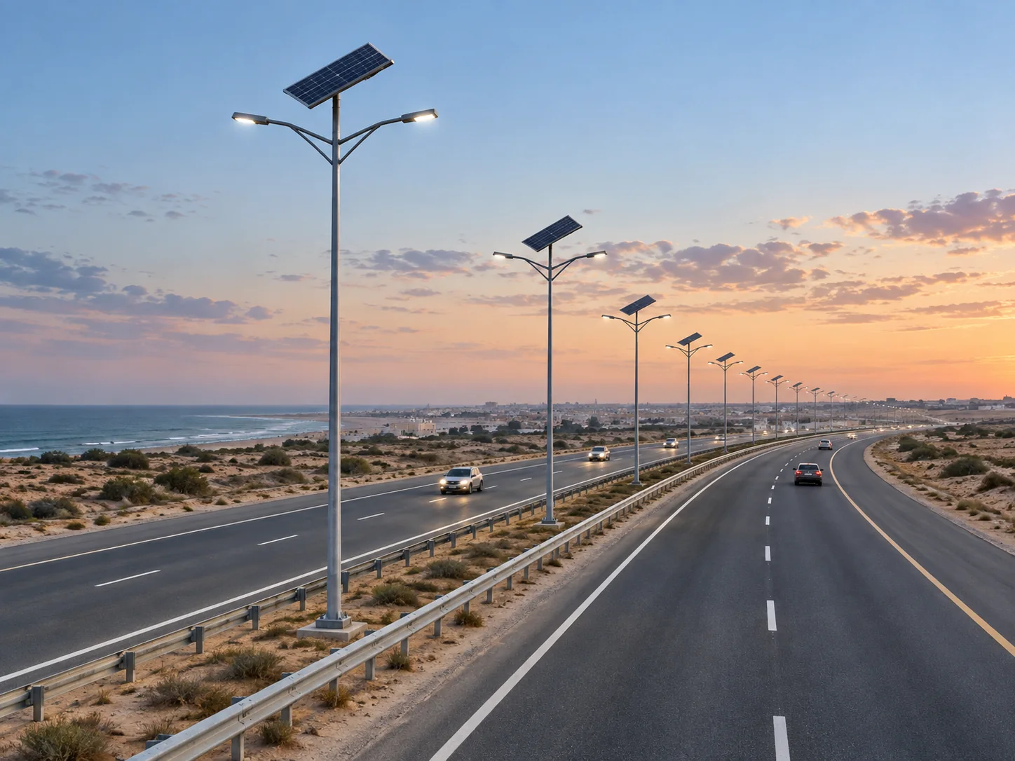 Solar street lights illuminating a freeway for reliable roadway lighting