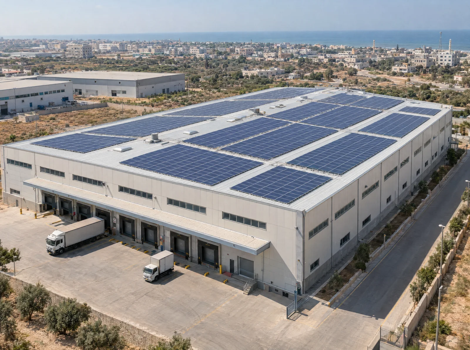 Solar panels mounted on the roof of a large industrial warehouse