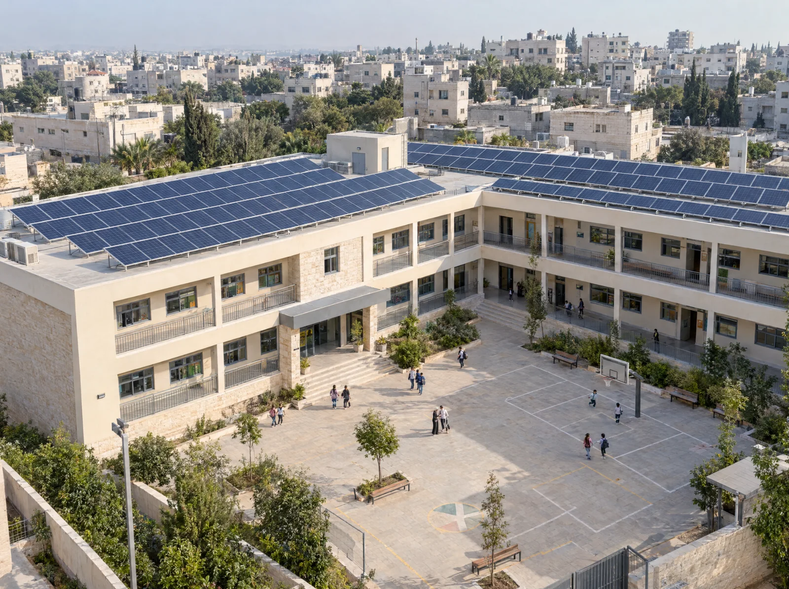 Solar panels installed on the roof of a school building
