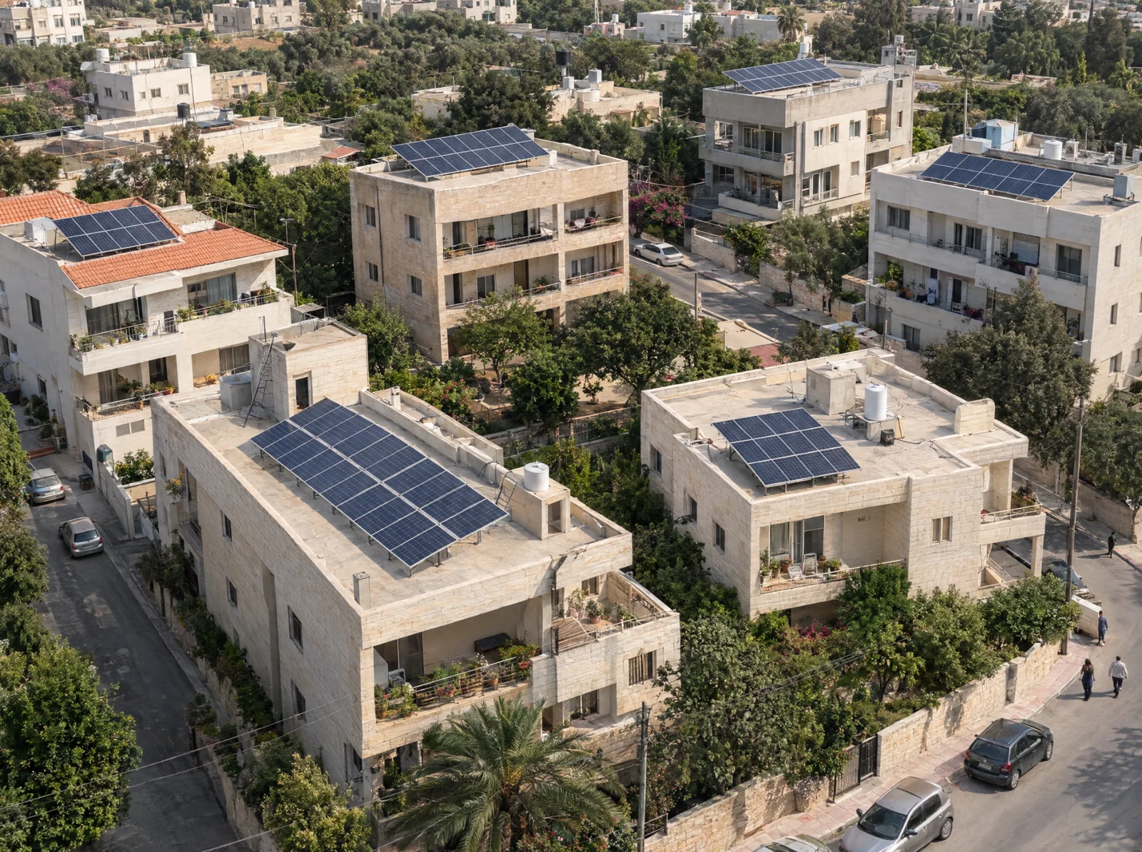 Residential neighborhood with rooftop solar panels installed on multiple homes