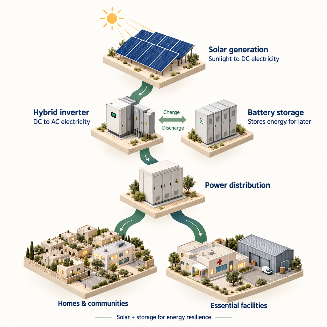 Solar generation, battery storage, and power distribution supporting energy resilience