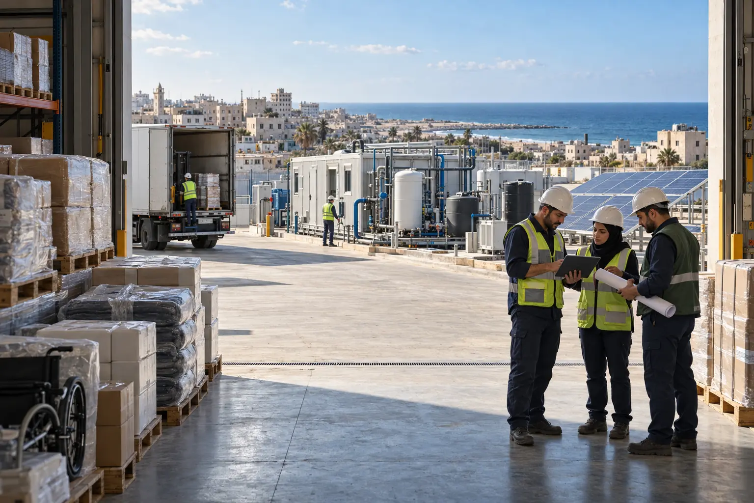 Supply & Project Delivery Services in Gaza, Palestine | Virelia Illustration of engineers coordinating logistics beside a warehouse, solar panels and a containerized water treatment plant on the Gaza coast.
