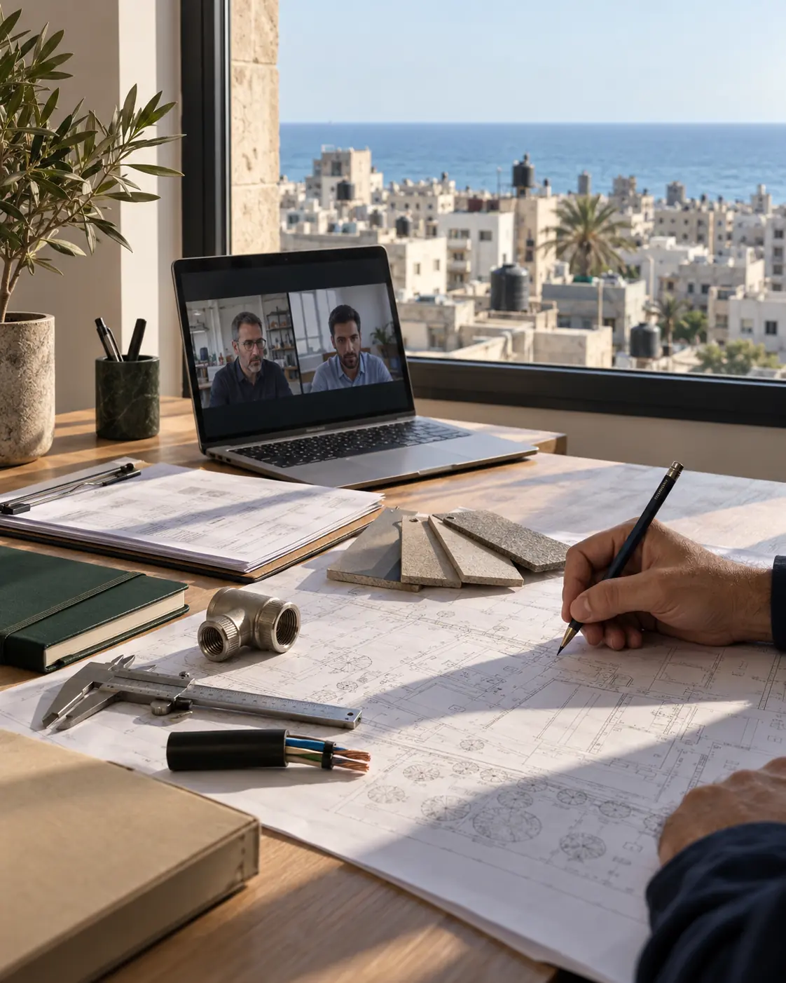 Gaza Local Capability & International Sourcing | Virelia Illustrative procurement workspace overlooking Gaza’s coast, with technical plans, material samples and a supplier video call.