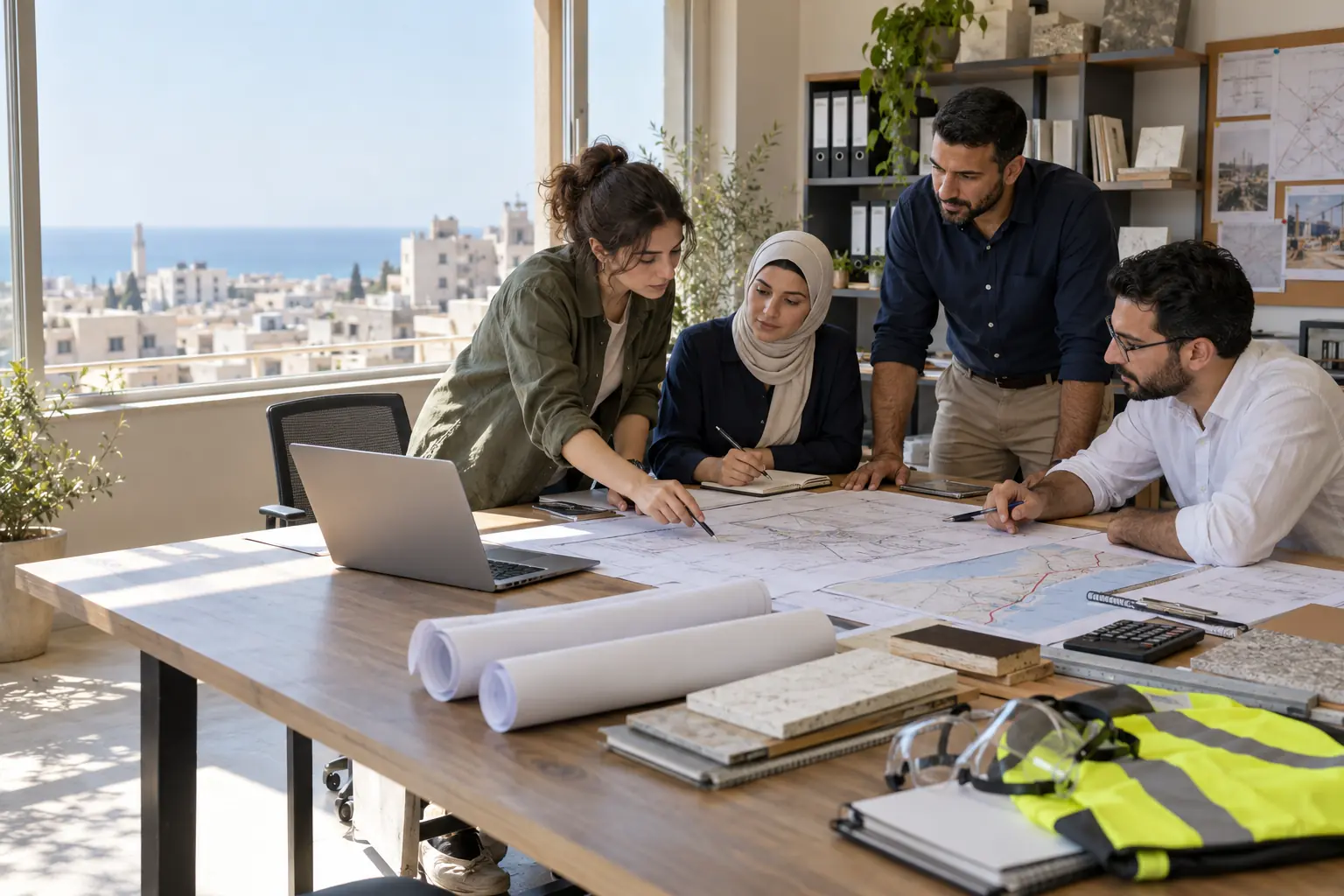Careers & Project Delivery Professionals in Gaza | Virelia Illustrative team of professionals reviewing engineering plans and coordinating procurement and project delivery work in Gaza, Palestine.