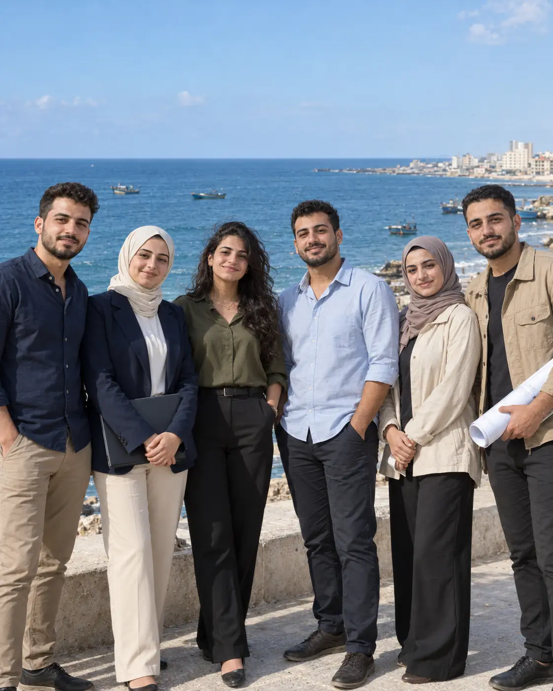 Illustrative group of young Gazan professionals standing together beside the Mediterranean Sea.