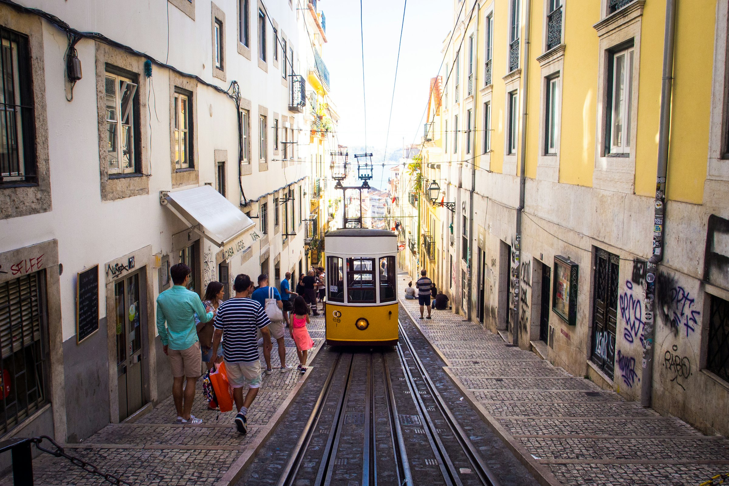 A yellow tram in Lisbon