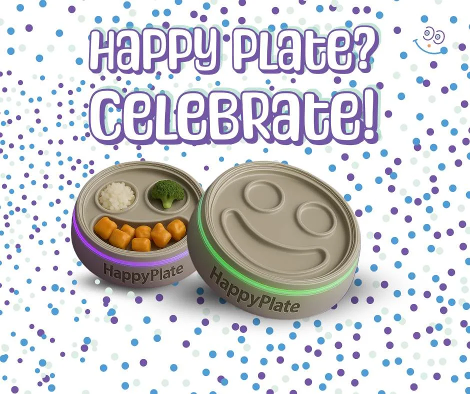 "Happy Plate interactive kids' plate with colorful LED lights, featuring a playful face design and compartments filled with healthy foods like broccoli, rice, and carrots, celebrating successful meals and encouraging positive eating habits.